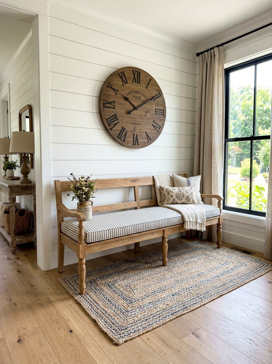 Farmhouse Bench With Striped Cushion - 30 farmhouse entryway bench ideas