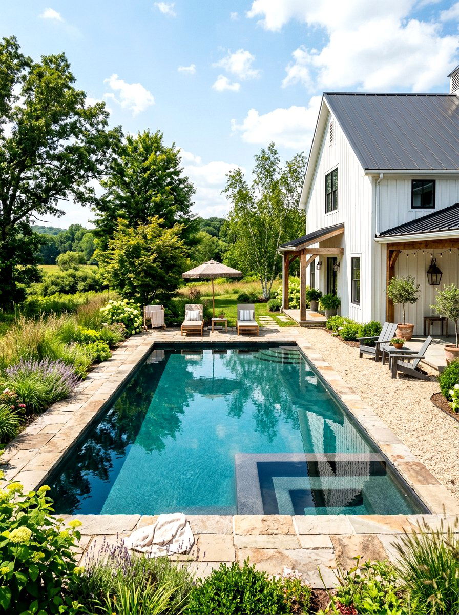Farmhouse Black Bottom Pool - 30 black bottom pool backyard ideas