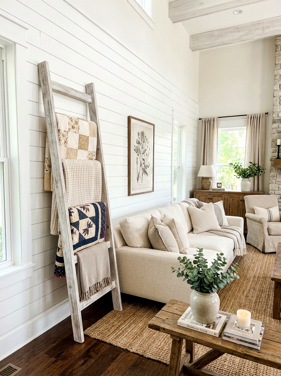 Farmhouse Blanket Ladder - 30 blanket ladder ideas