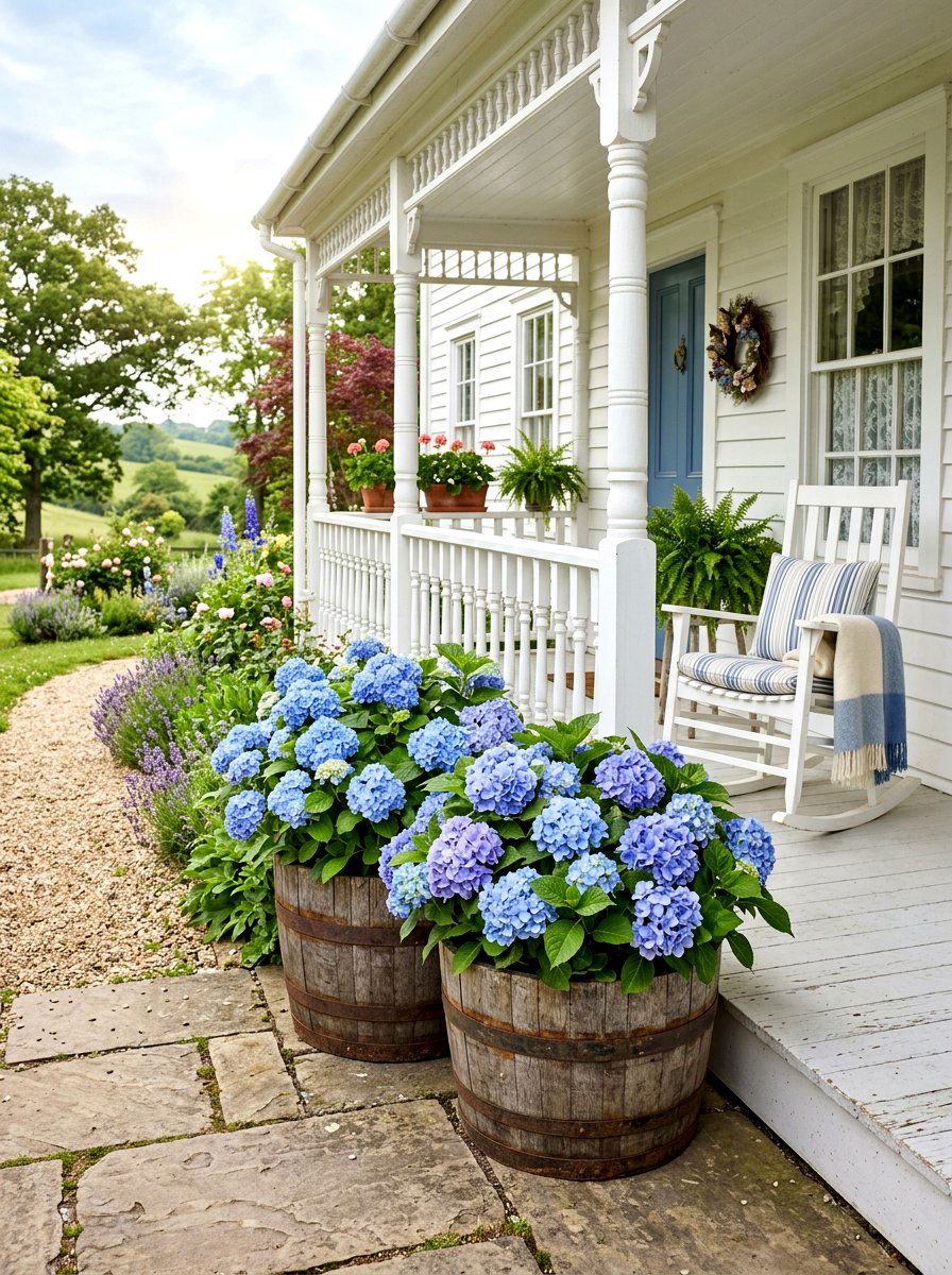 Farmhouse Blue Hydrangea Containers - 30 porch planter arrangement ideas for summer