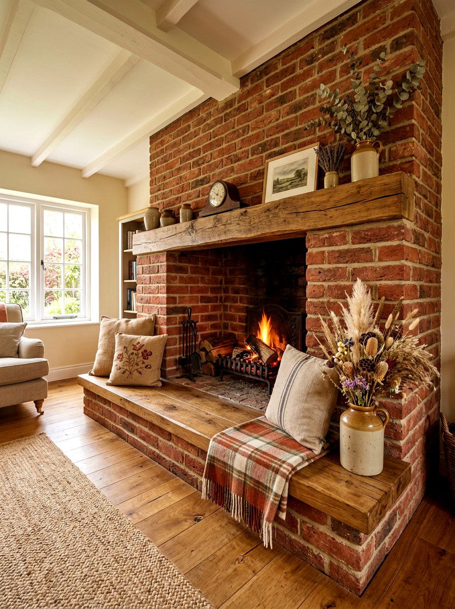 Farmhouse Brick Fireplace Bench - 30 fireplace reading nook ideas