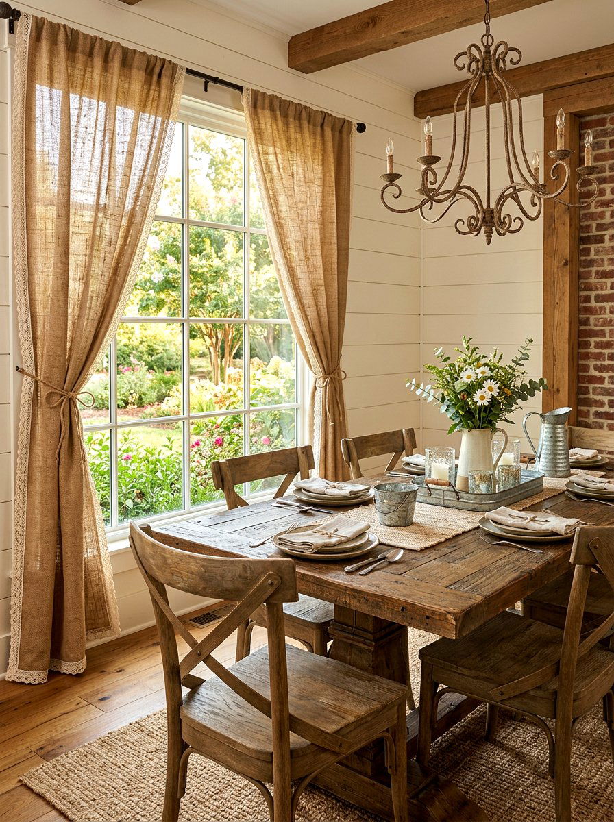 Farmhouse Burlap Dining Room Curtains - 30 dining room draped curtains ideas