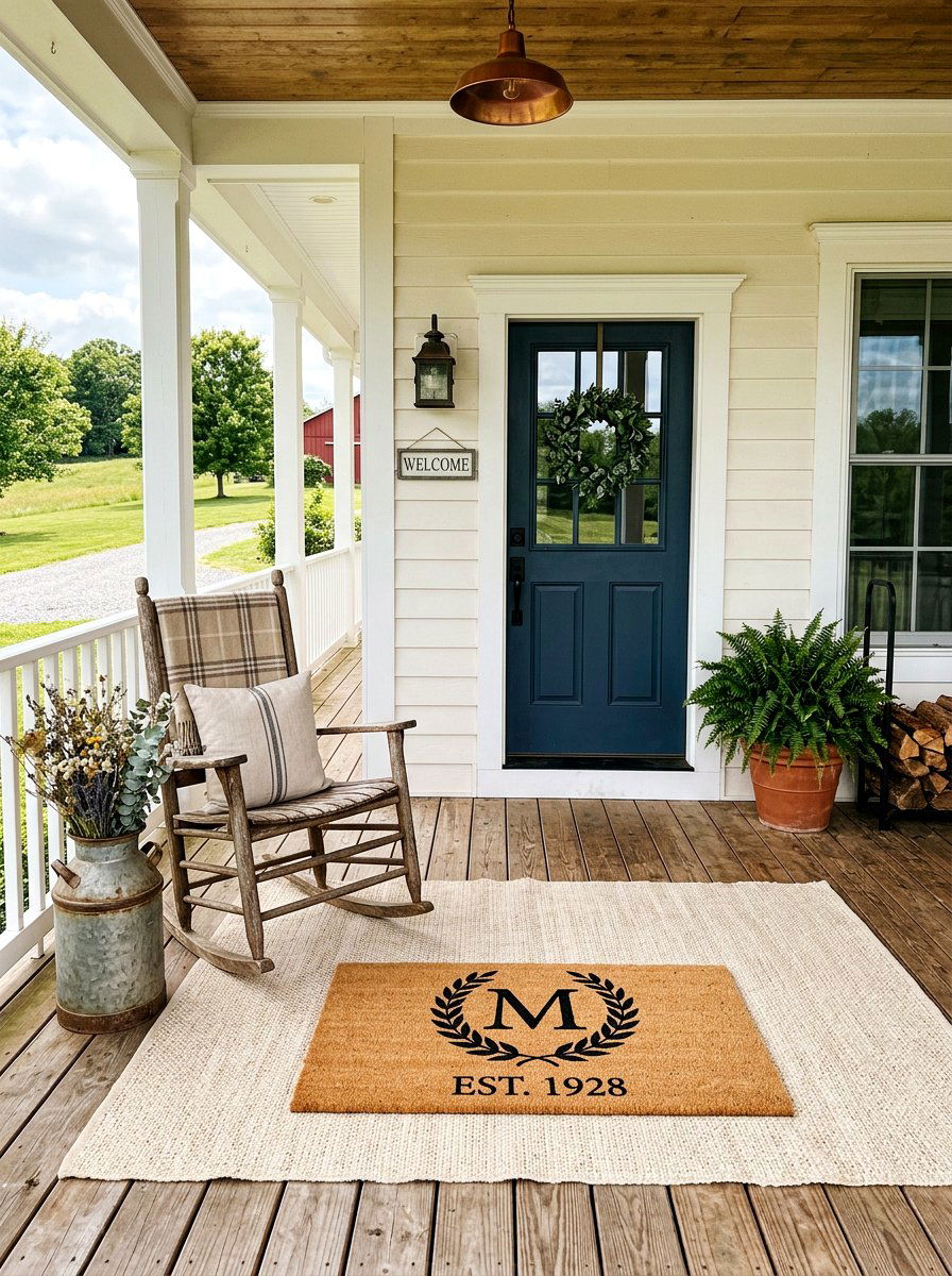 Farmhouse Burlap Layered Rug - 30 layered doormat porch ideas