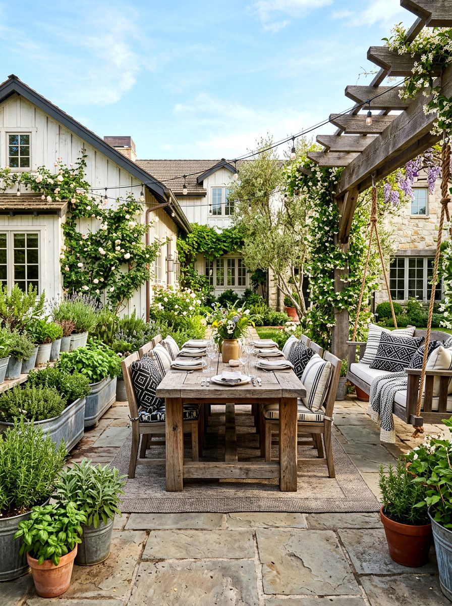 Farmhouse Chic Outdoor Living - 30 courtyard style backyard ideas