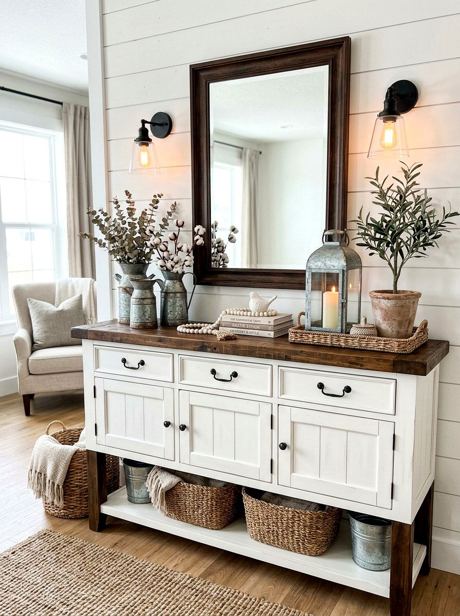 Farmhouse Chic Sideboard - 30 buffet table decor ideas