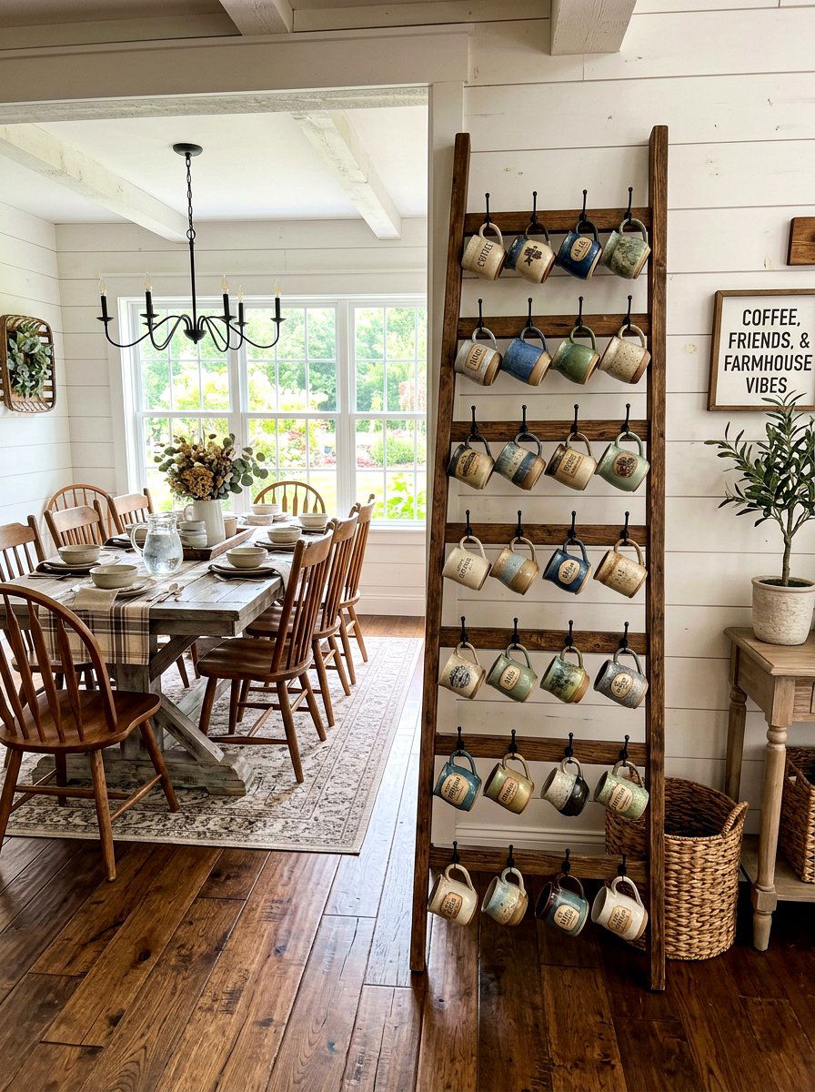 Farmhouse Coffee Mug Ladder - 30 coffee mug organizer ideas
