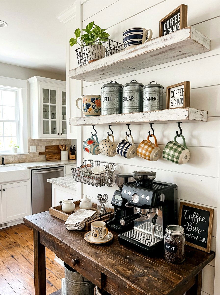 Farmhouse Coffee Station Shelves - 30 coffee station shelf styling ideas