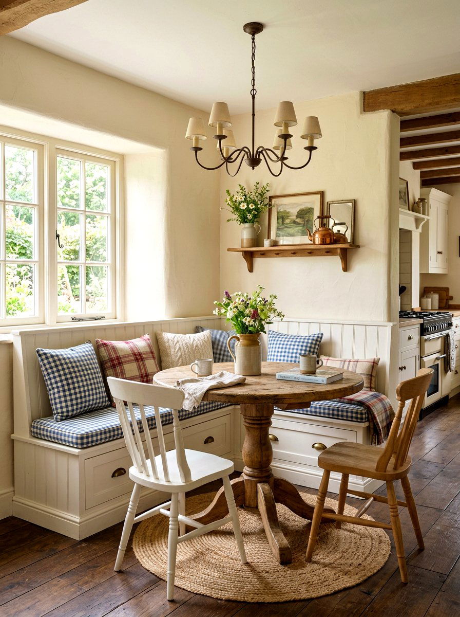 Farmhouse Corner Bench - 30 tiny dining nook apartment ideas