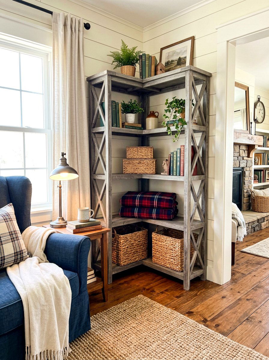 Farmhouse Corner Bookshelf - 30 corner bookshelf ideas