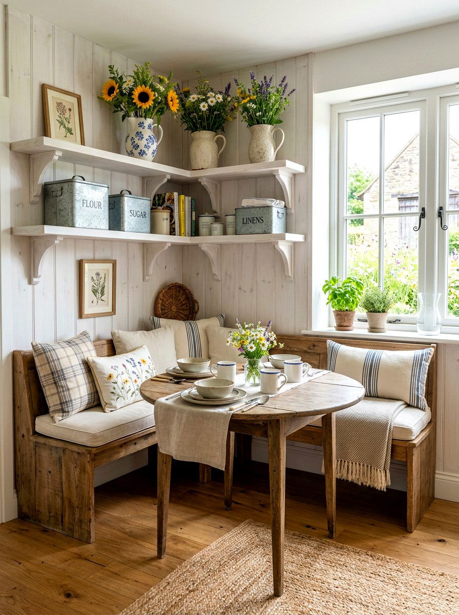Farmhouse Corner Nook - 30 tea shelf styling ideas