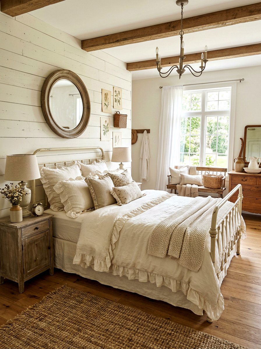 Farmhouse Cream Bedroom - 30 cream and beige bedroom ideas