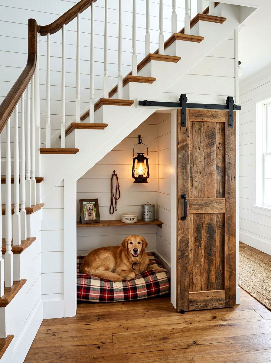Farmhouse Dog Room - 30 under staircase pet nook ideas