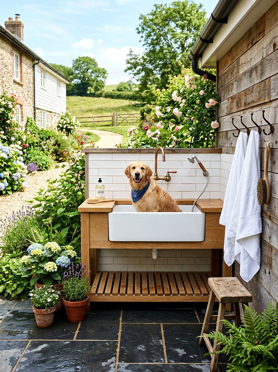 Farmhouse Dog Wash Station - 30 mudroom pet station ideas aesthetic