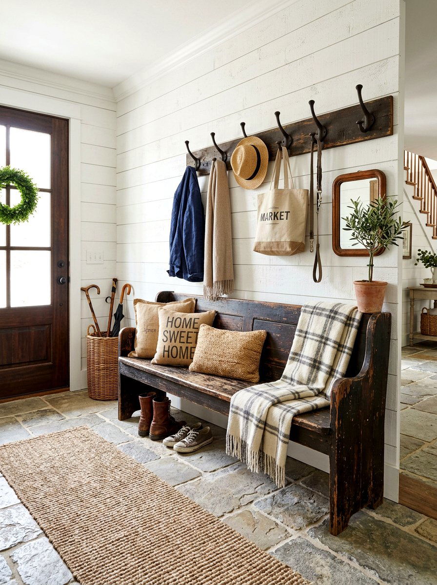 Farmhouse Entry Bench With Coat Hooks - 30 entry bench and hooks ideas