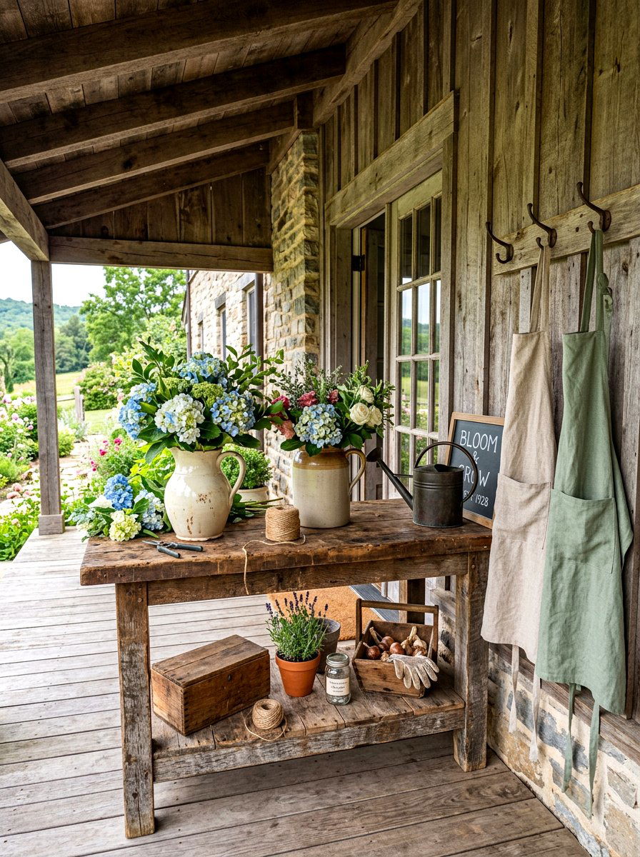 Farmhouse Floral Workbench - 30 flower arranging party ideas