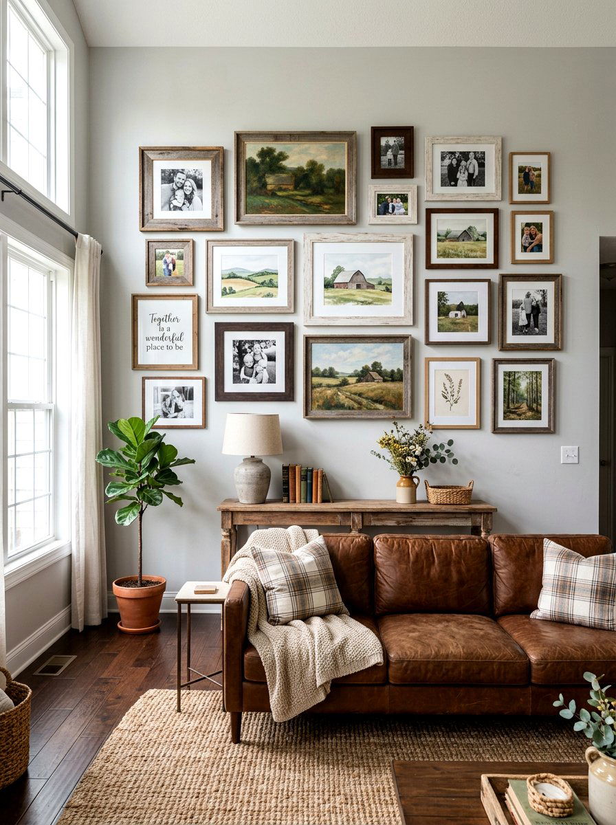 Farmhouse Gallery Wall - 30 rustic farmhouse living room ideas