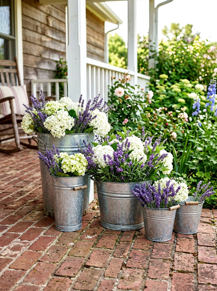 Farmhouse Galvanized Bucket Grouping - 30 porch planter arrangement ideas