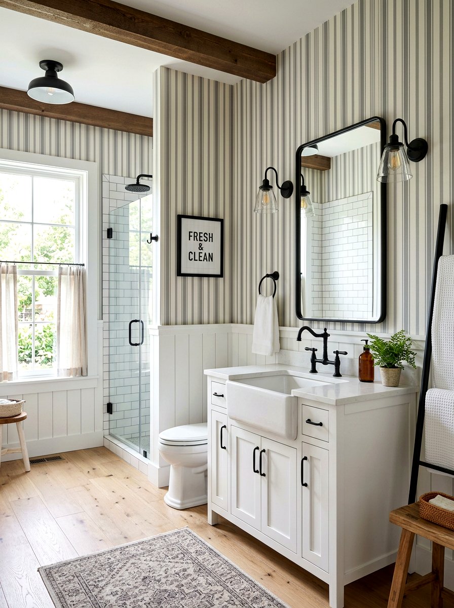 Farmhouse Grey Striped Bathroom - 30 striped bathroom wallpaper ideas