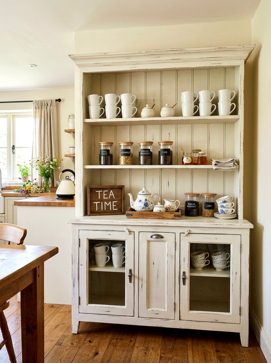 Farmhouse Hutch Tea Display - 30 tea nook ideas