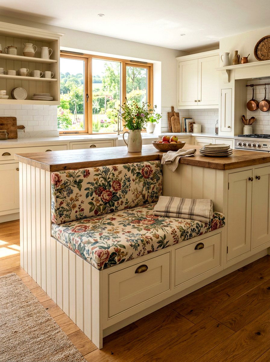 Farmhouse Island With Padded Bench - 30 banquette kitchen island ideas