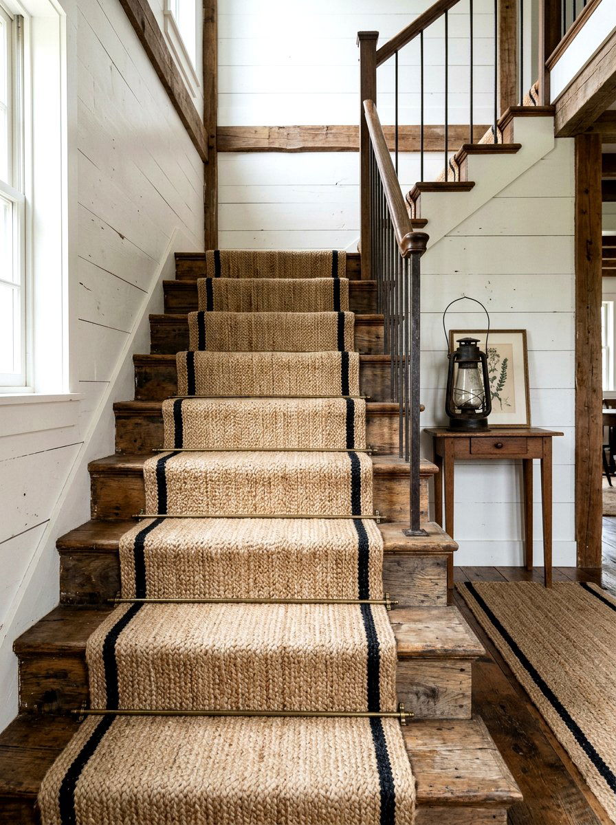 Farmhouse Jute Striped Stair Runner - 30 stair runner stripe ideas