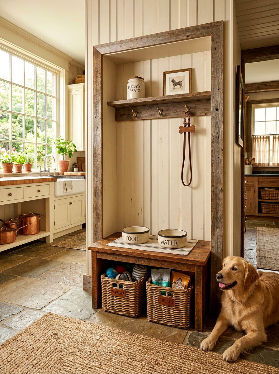 Farmhouse Kitchen Pet Feeding Alcove - 30 aesthetic pet station kitchen ideas