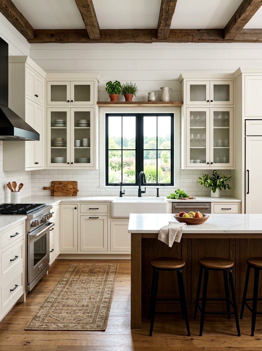 Farmhouse Kitchen With Fluted Glass Inserts - 30 ribbed glass cabinet ideas