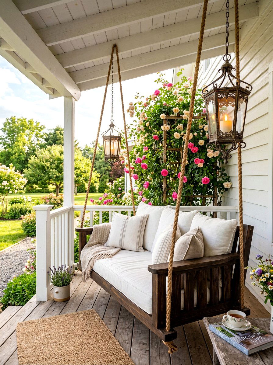 Farmhouse Lantern Porch Swing - 30 candle lantern patio ideas