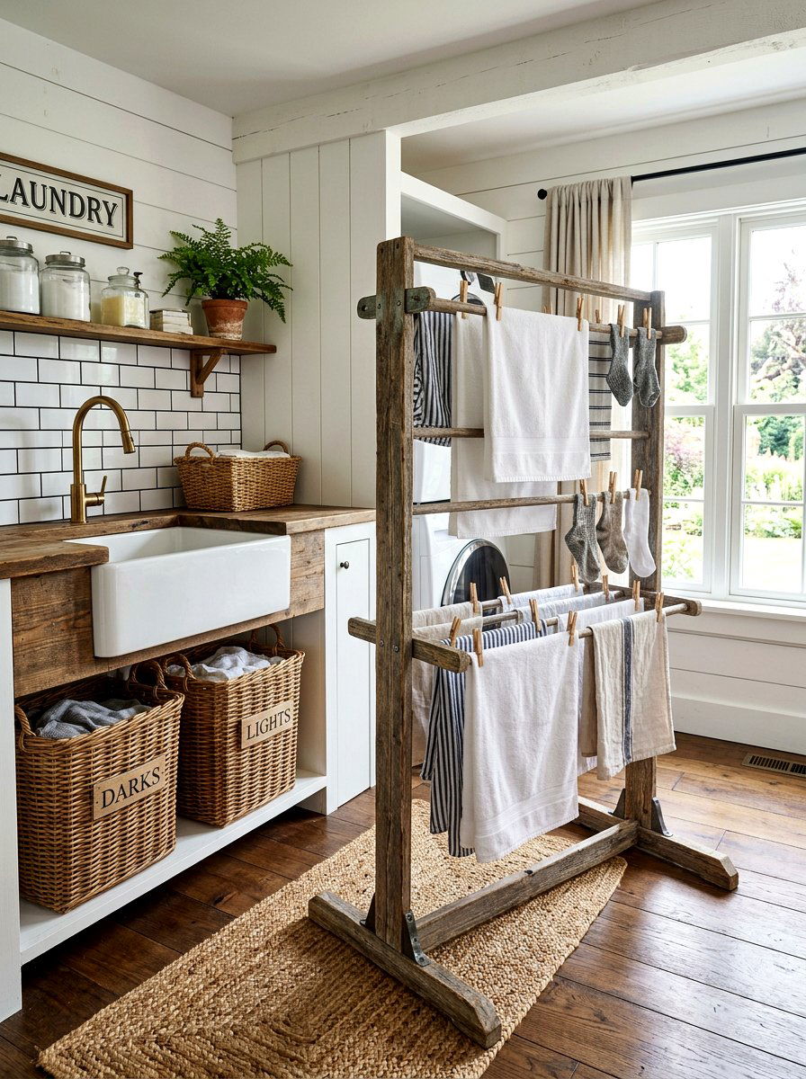 Farmhouse Laundry Drying Rack - 30 laundry room drying rack ideas