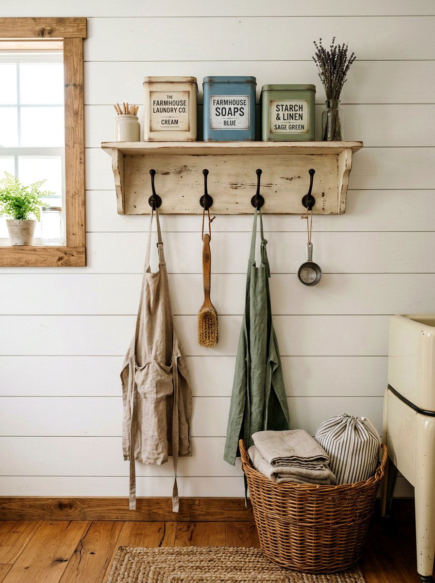 Farmhouse Laundry Organizer - 30 laundry room shelf ideas