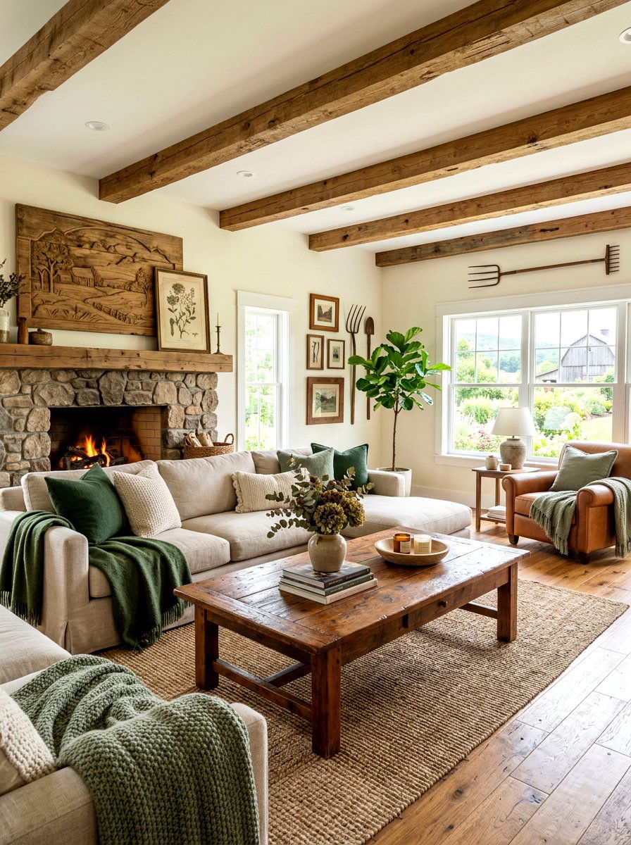Farmhouse Living Room With Sage Green And Reclaimed Wood - 30 forest green and brown living room ideas