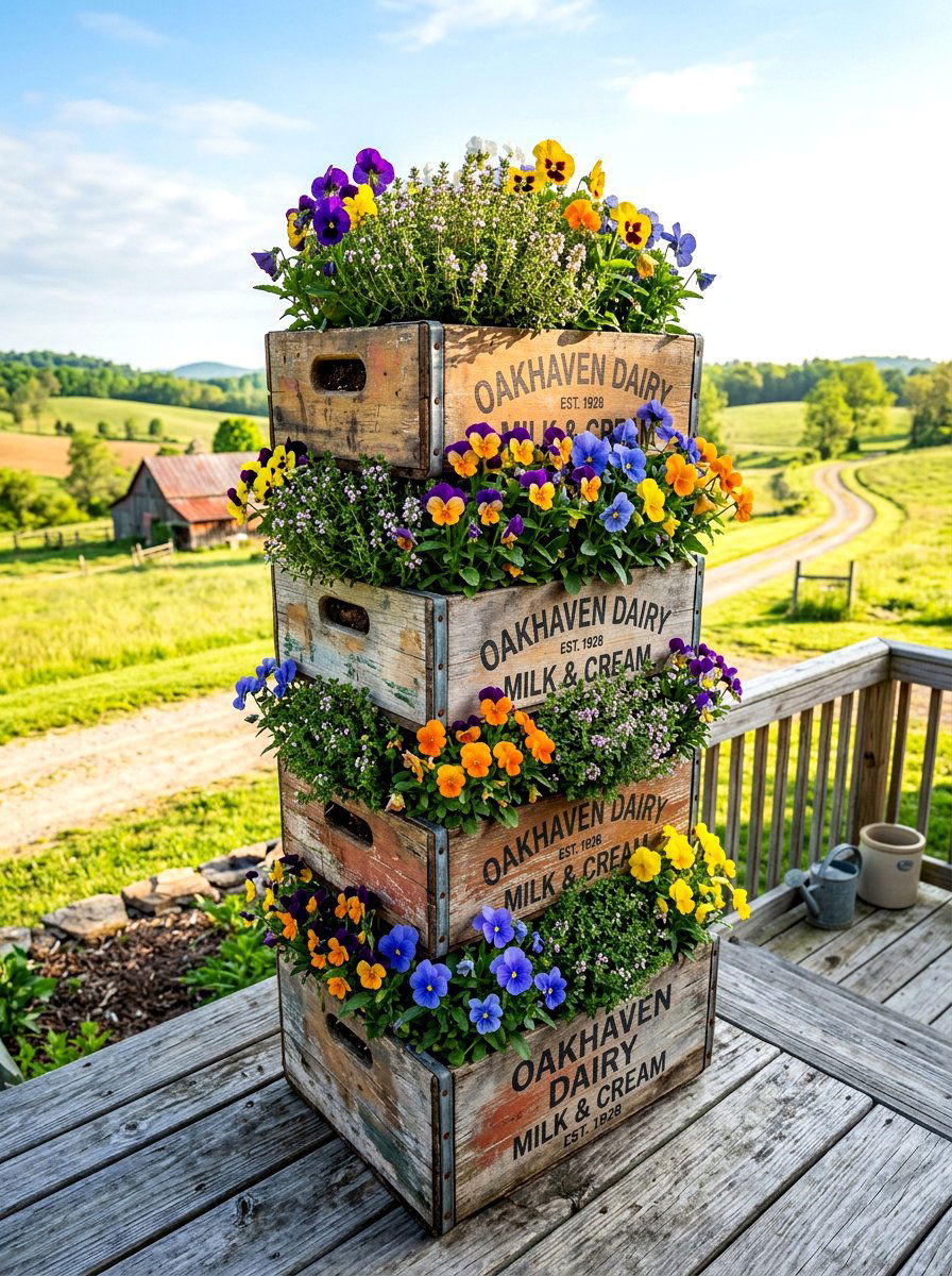 Farmhouse Milk Crate Tower - 30 tiered planter ideas