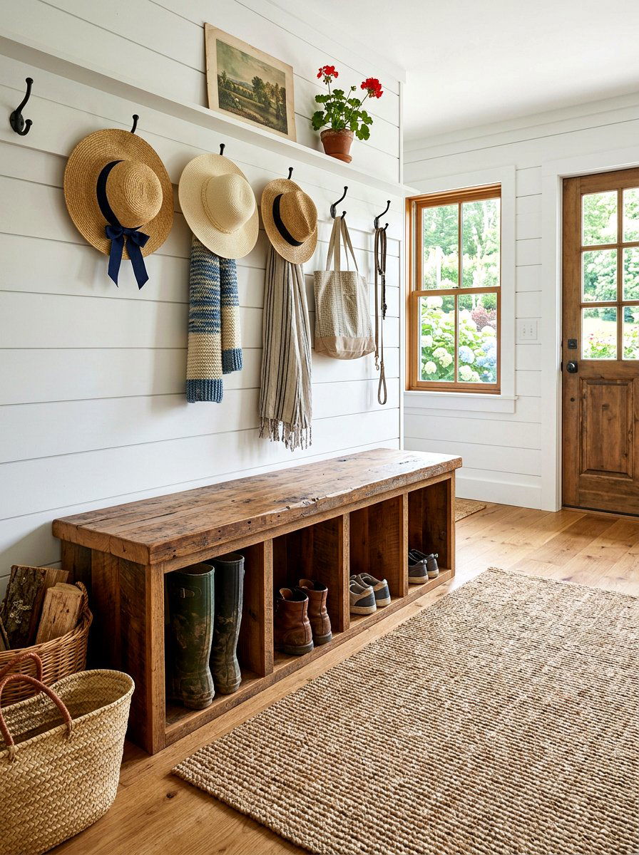 Farmhouse Mudroom Bench - 30 open mudroom shelving ideas