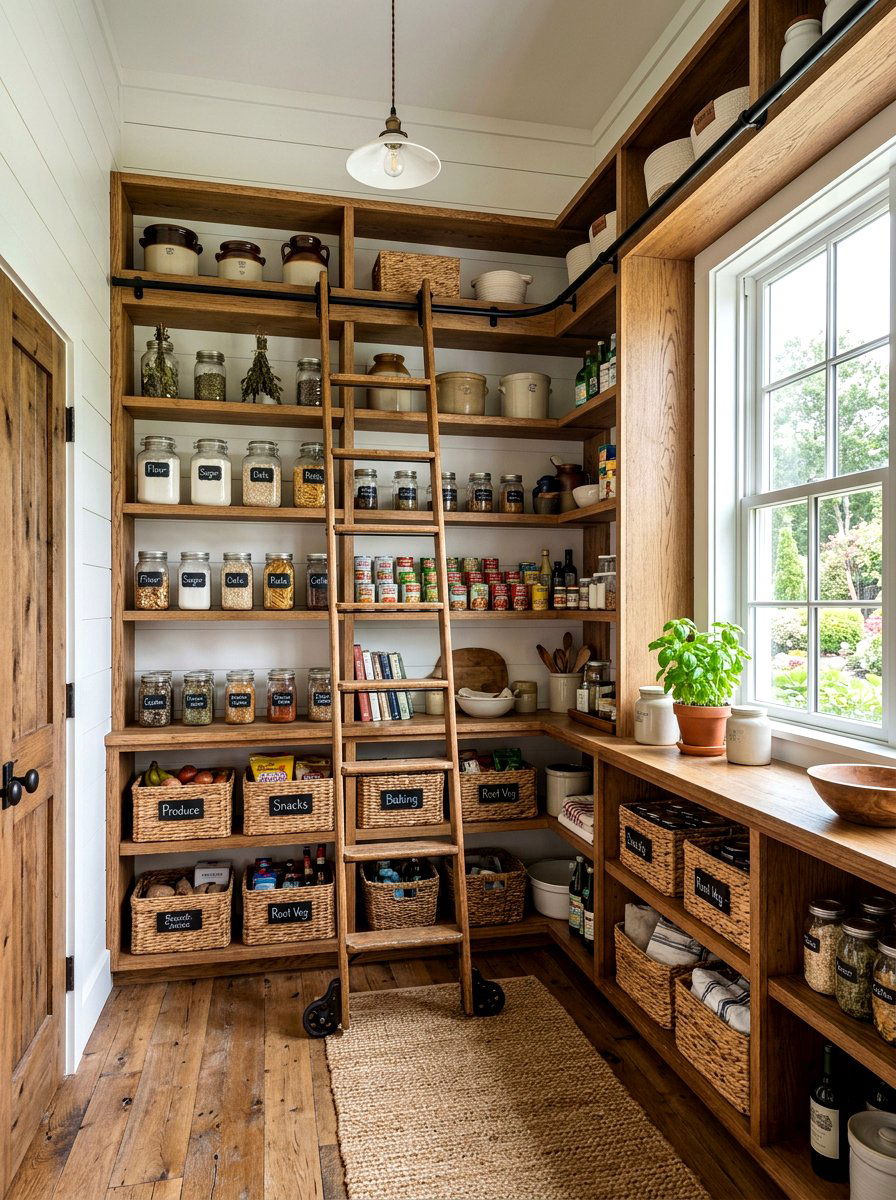 Farmhouse Pantry With Wooden Ladder - 30 pantry with library ladder ideas