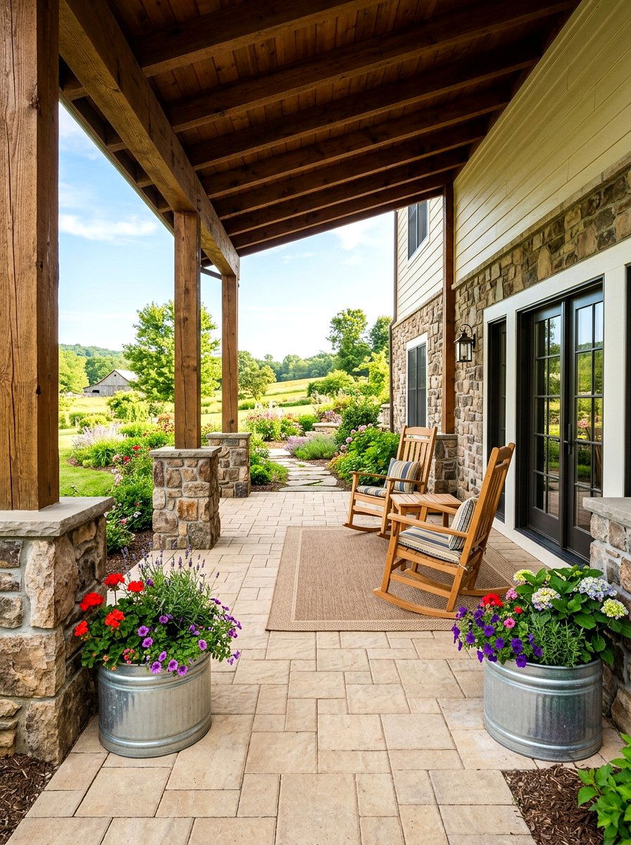 Farmhouse Patio With Stone Pillars - 30 walkout basement patio ideas