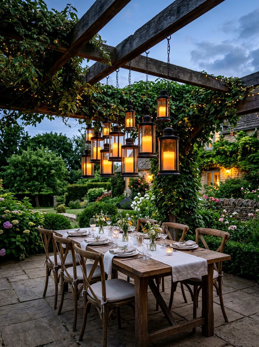 Farmhouse Pergola Lanterns - 30 outdoor candle lantern ideas
