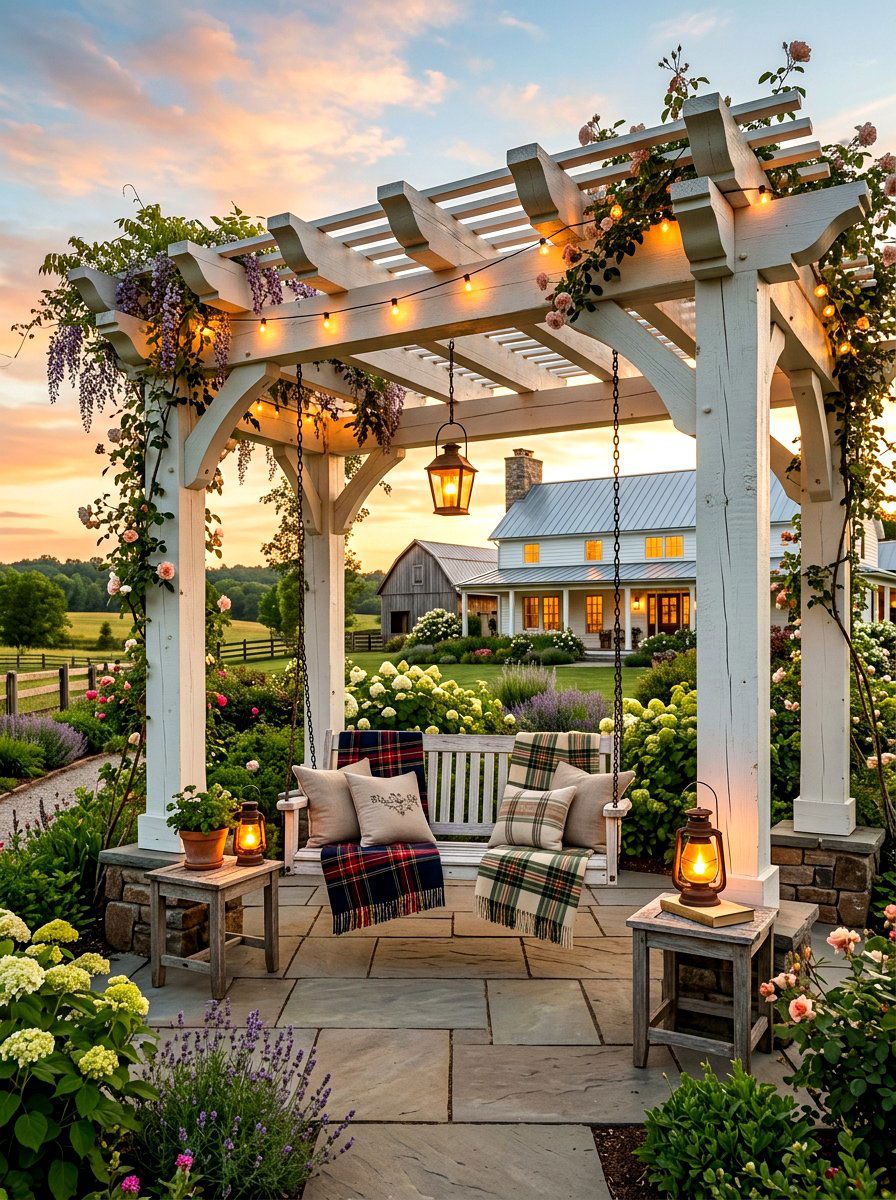 Farmhouse Pergola Swing - 30 pergola with swings ideas