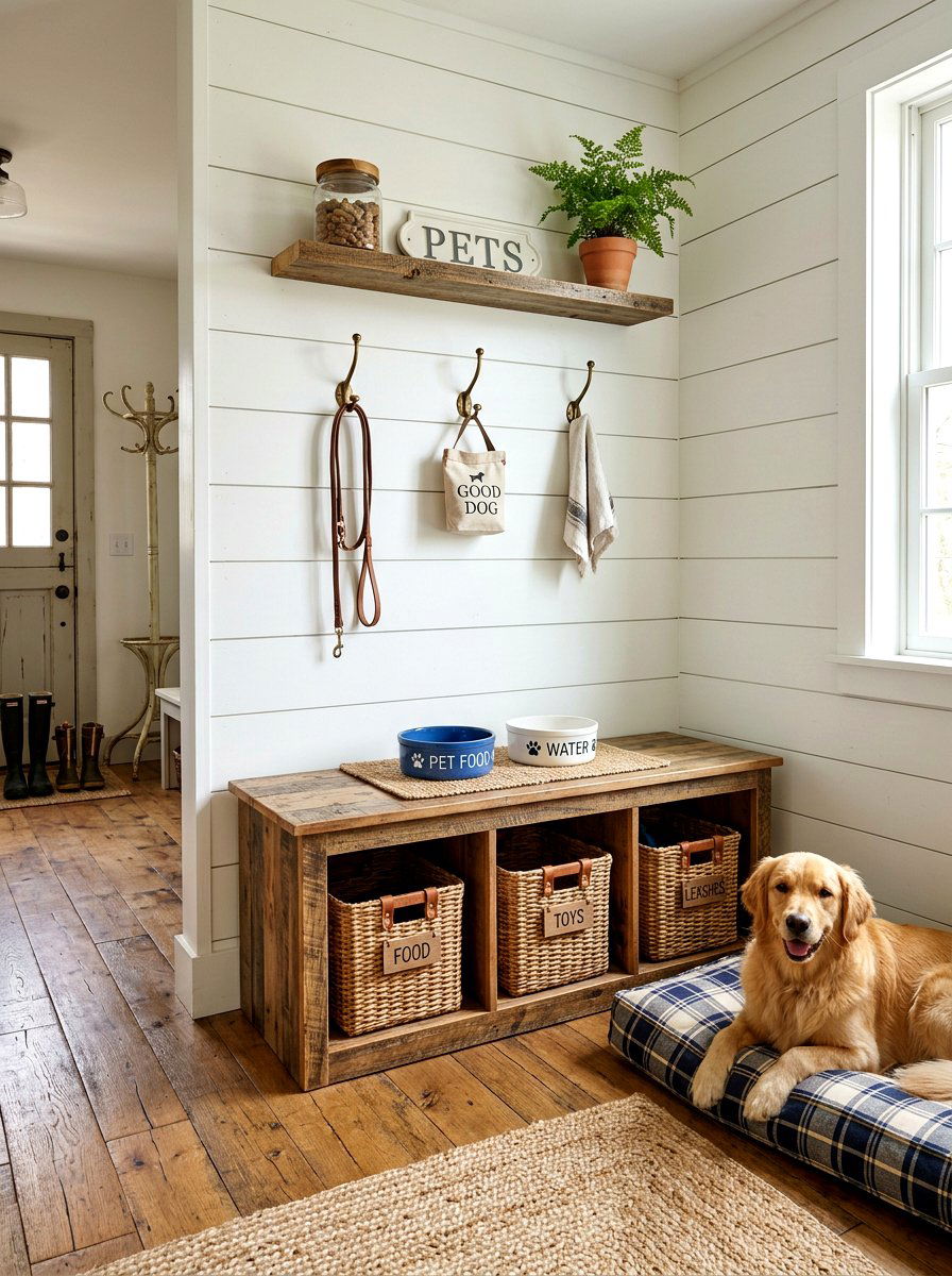 Farmhouse Pet Feeding Nook - 30 mudroom pet feeding ideas