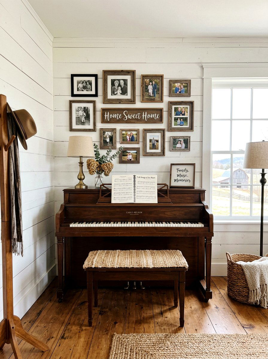 Farmhouse Piano Corner - 30 piano room ideas