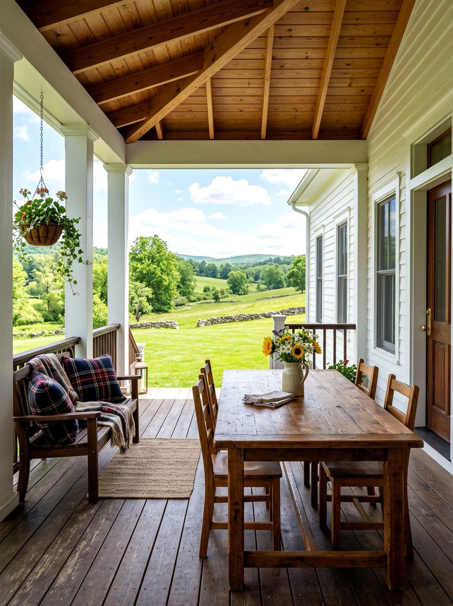 Farmhouse Pine Covered Porch - 30 warm wood patio lounge ideas
