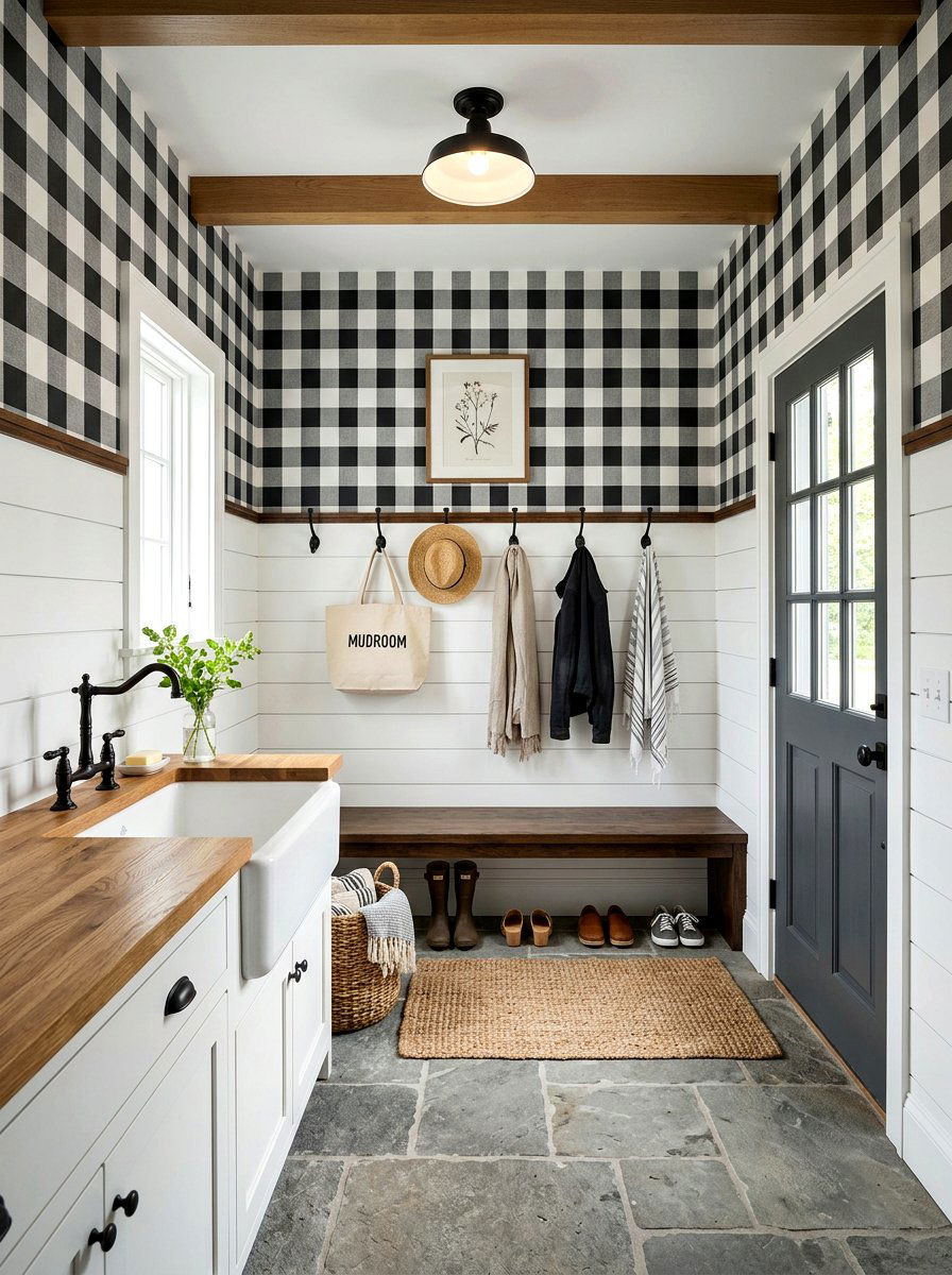 Farmhouse Plaid Mudroom Wallpaper - 30 mudroom wallpaper ideas