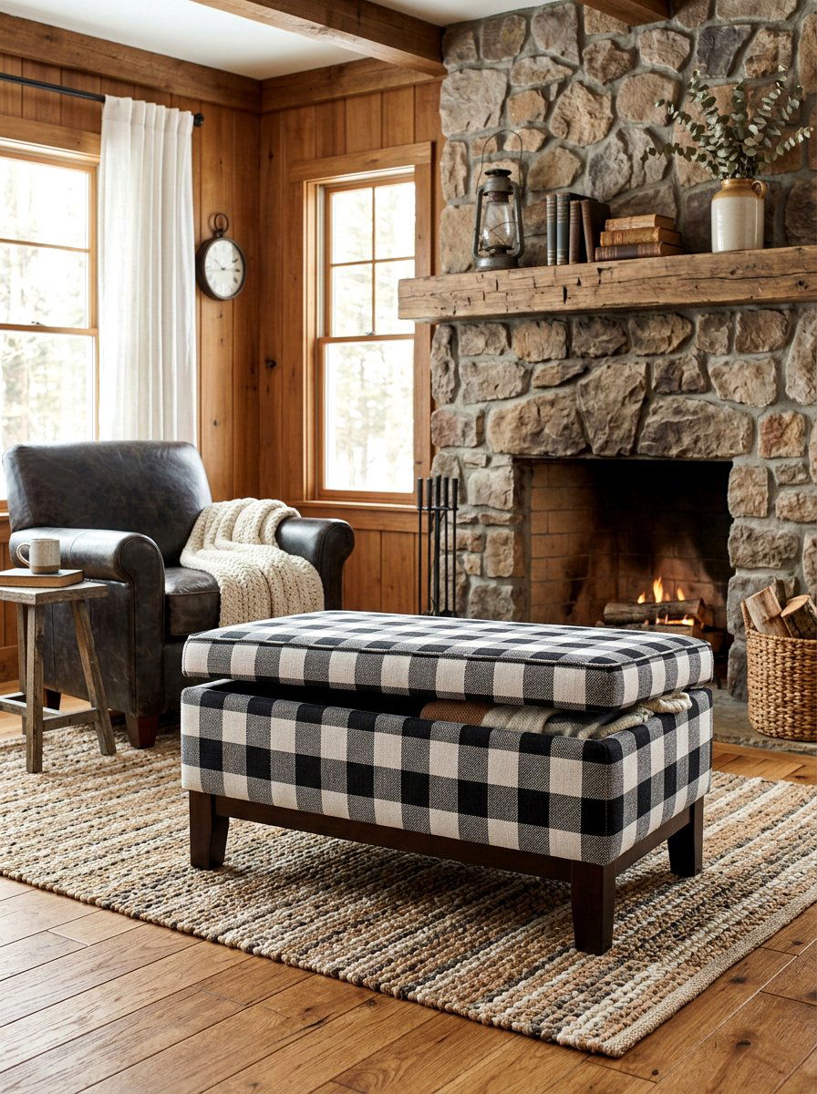 Farmhouse Plaid Storage Ottoman - 30 hidden ottoman storage ideas