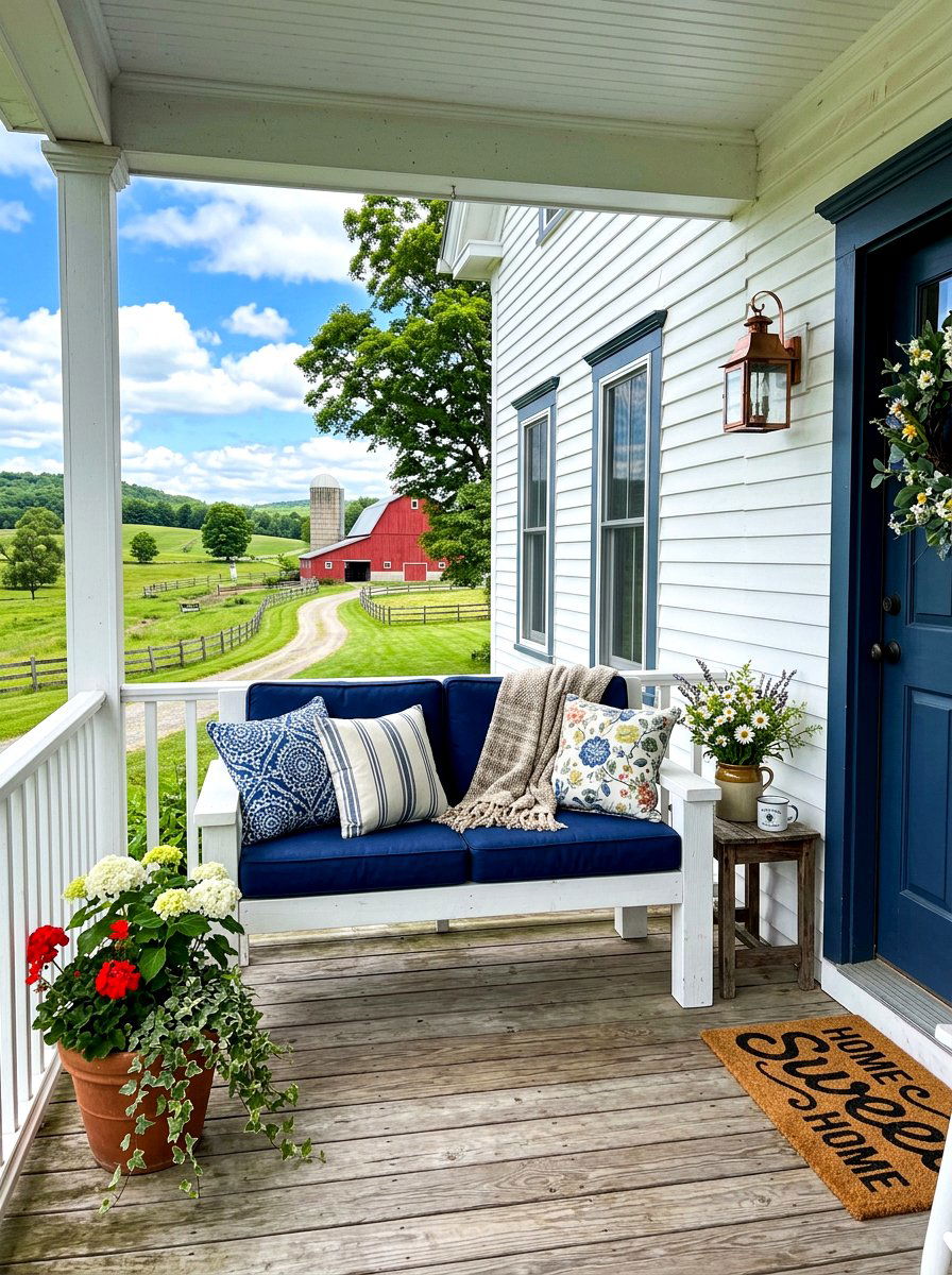 Farmhouse Porch Bench - 30 front steps decor ideas
