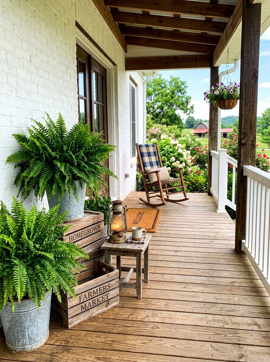Farmhouse Porch Fern Display - 30 fern filled front porch ideas