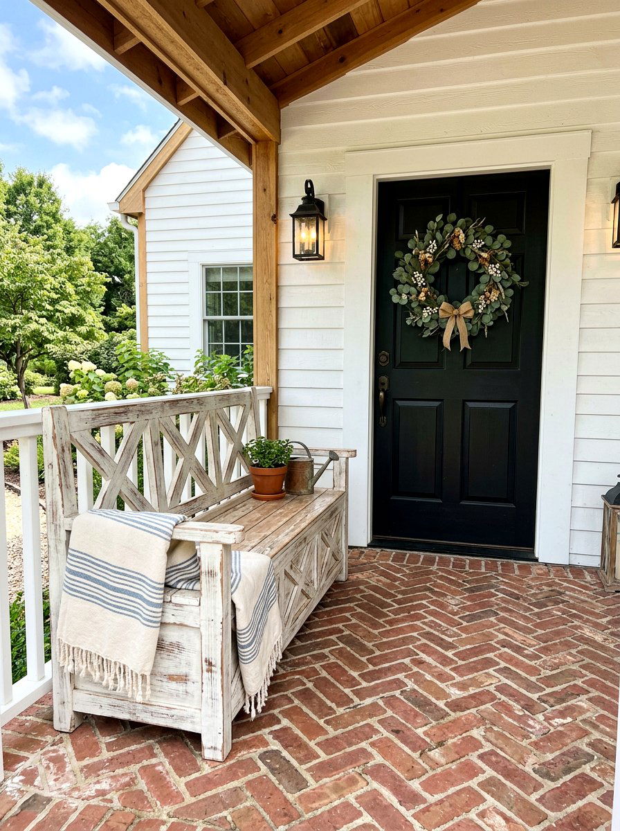 Farmhouse Porch Storage Bench - 30 outdoor storage bench ideas
