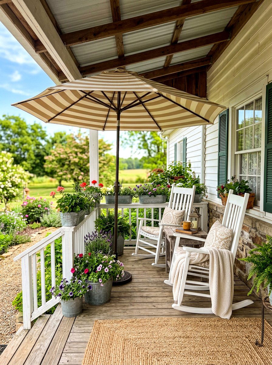 Farmhouse Porch Striped Umbrella - 30 striped umbrella patio ideas