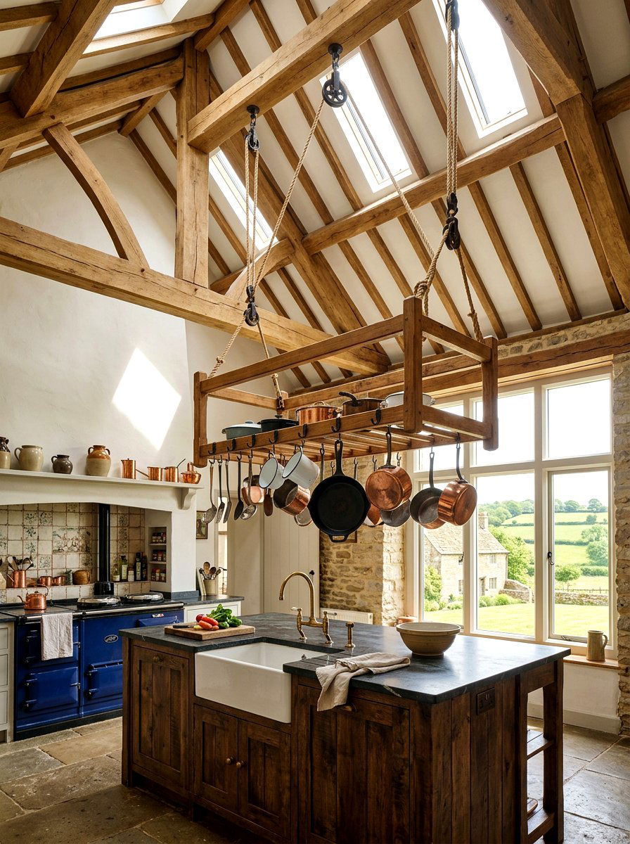 Farmhouse Pulley Pot Rack - 30 hanging pot rack ideas