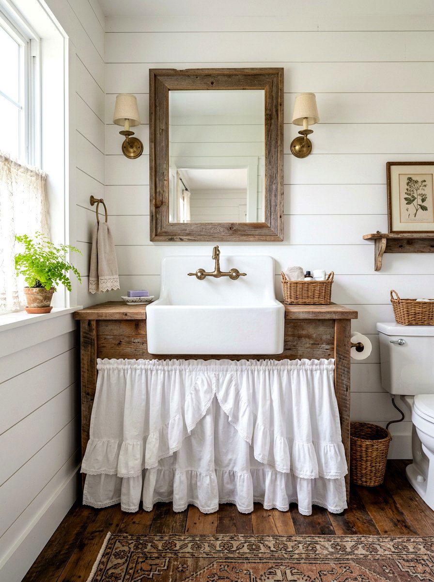 Farmhouse Ruffled Sink Skirt - 30 skirted powder room sink ideas