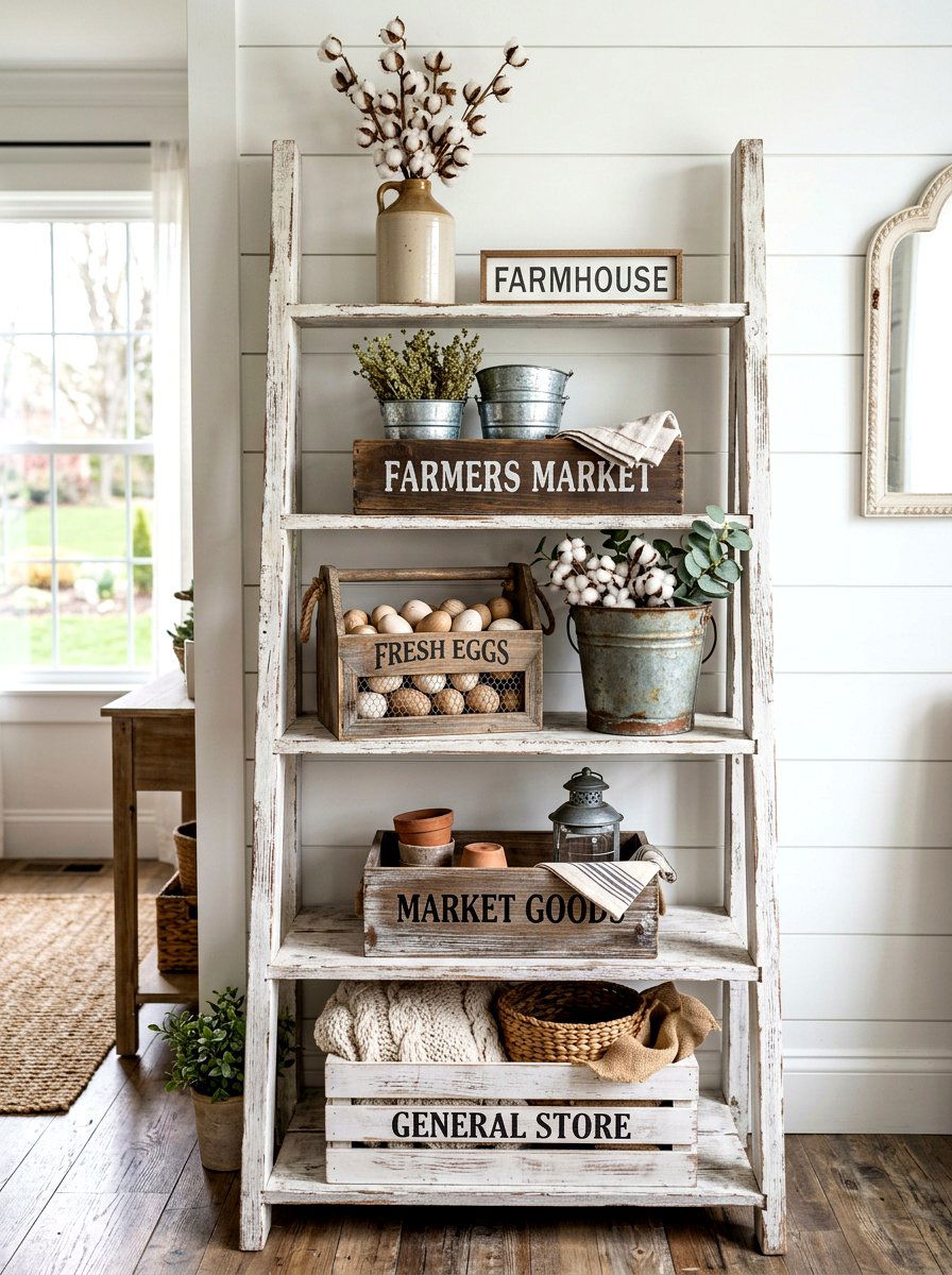 Farmhouse Rustic Bins - 30 ladder shelf styling ideas