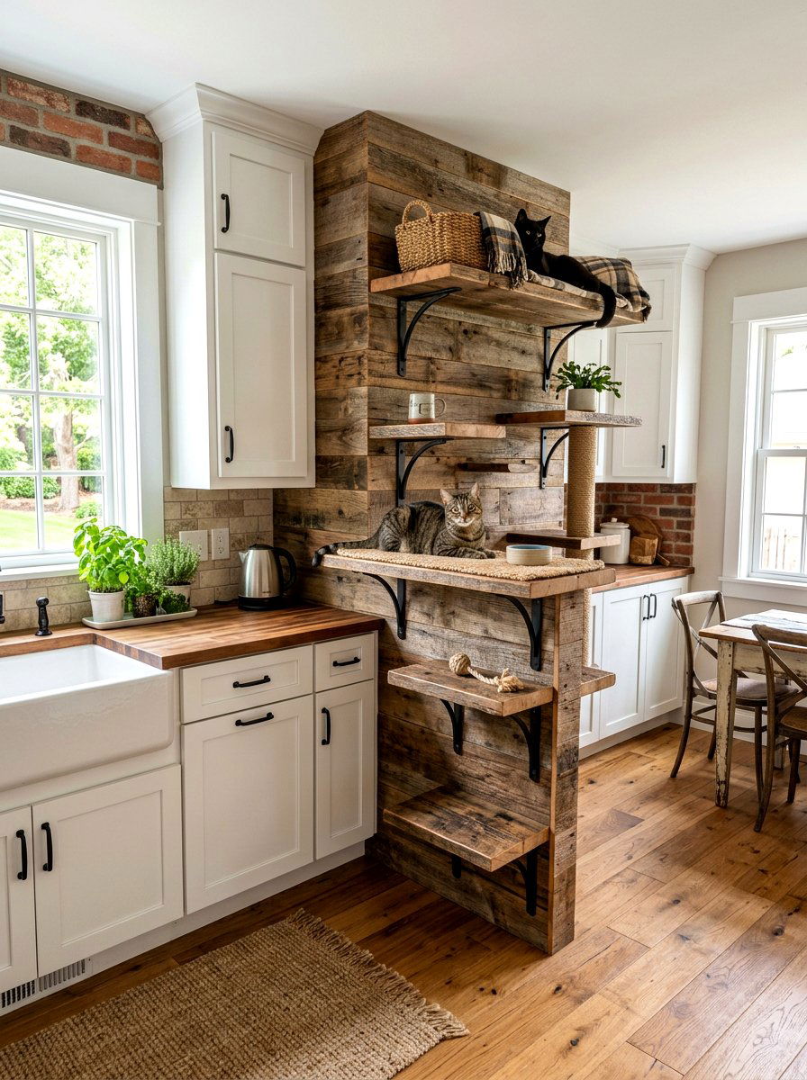 Farmhouse Rustic Wood Cat Shelf Wall - 30 cat shelf wall ideas